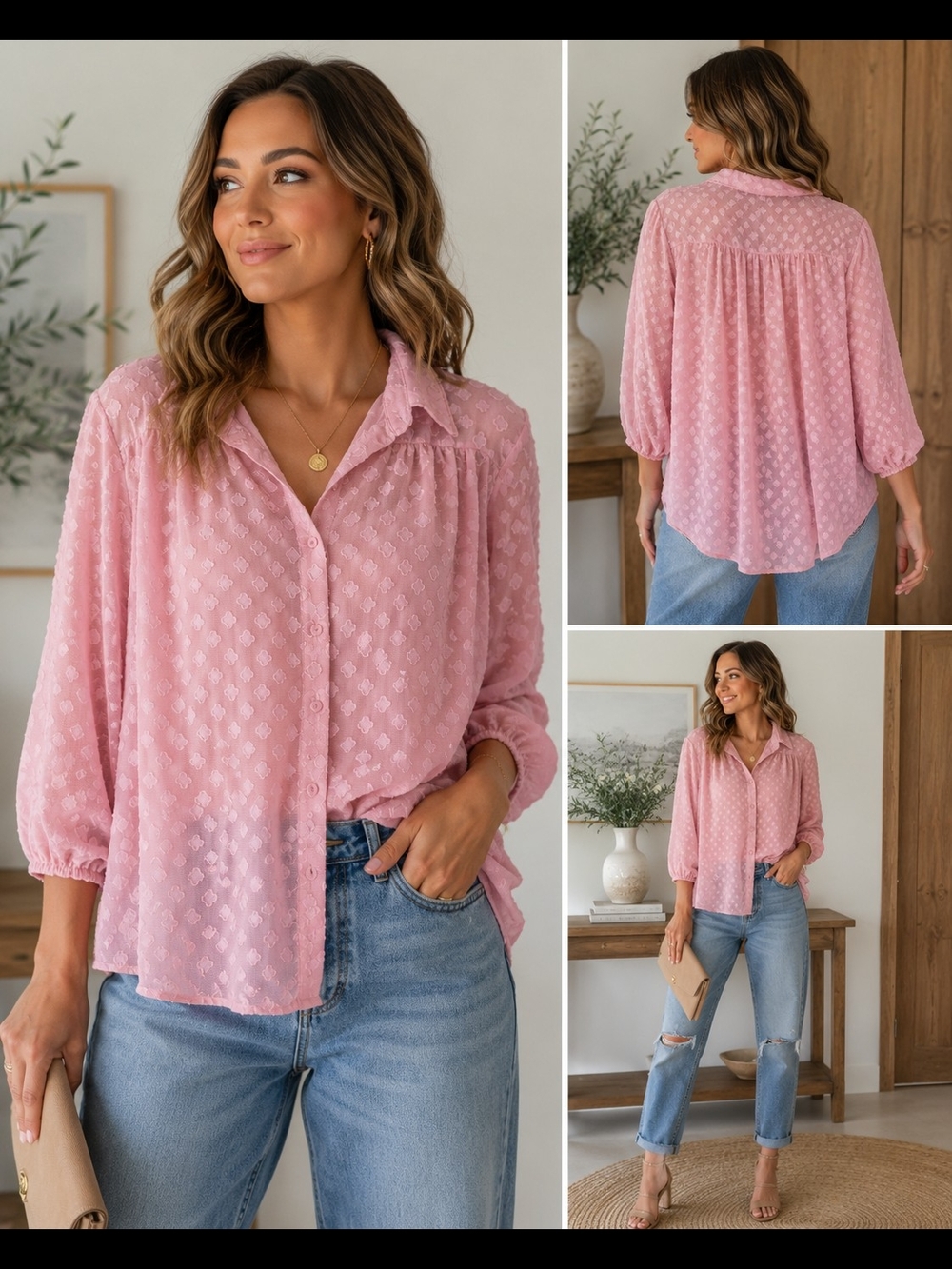 NY Collection Pink Textured Button-Front Blouse